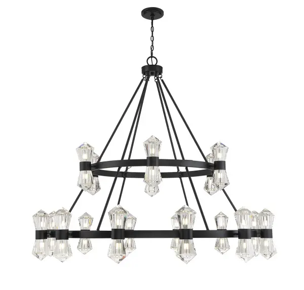 A show-stopping oversized chandelier featuring two tiers of dramatically faceted crystal points arranged on a 60-inch circular frame. The matte black finish provides sophisticated contrast to the sparkling clear crystal, creating a jewelry-like effect perfect for grand spaces.