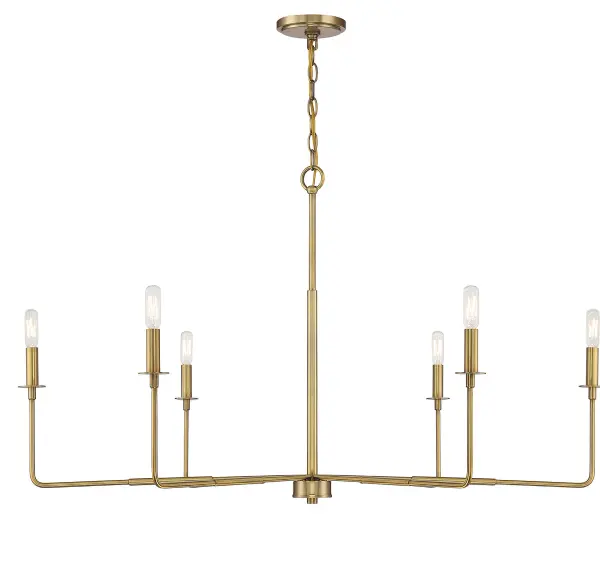 The Salerno chandelier brings rustic charm to large spaces with its impressive 42-inch span and warm brass finish. Six candelabra lights provide ample illumination while the design remains understated enough to complement existing décor.