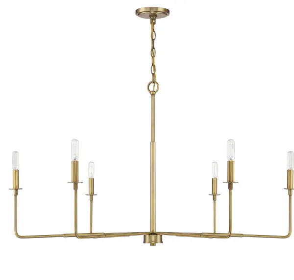 The Salerno chandelier brings rustic charm to large spaces with its impressive 42-inch span and warm brass finish. Six candelabra lights provide ample illumination while the design remains understated enough to complement existing décor. - alternate view