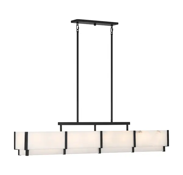 The Orleans brings Art Deco elegance with an organic touch through natural alabaster panes set in a jewelry-like Black Cashmere frame. At nearly 5 feet long, it makes a dramatic statement over dining tables and kitchen islands.