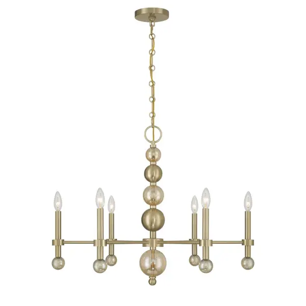 The Crescent chandelier delivers sophisticated glamour with six champagne-hued glass globes and a warm Noble Brass finish. Its generous 30-inch width makes a statement without overwhelming, perfect for dining rooms and entryways seeking refined contemporary style.