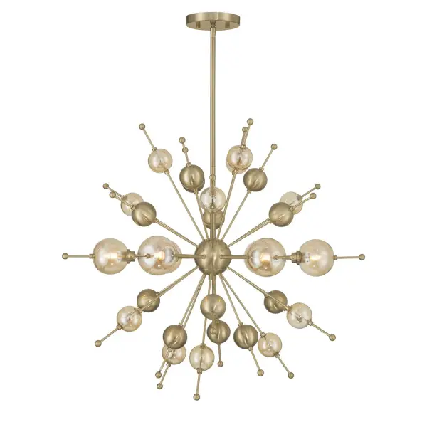 The Crescent chandelier brings mid-century modern flair with its starburst silhouette and champagne-toned glass details. The Noble Brass finish adds warmth and sophistication, making it a statement piece for dining rooms and living spaces.