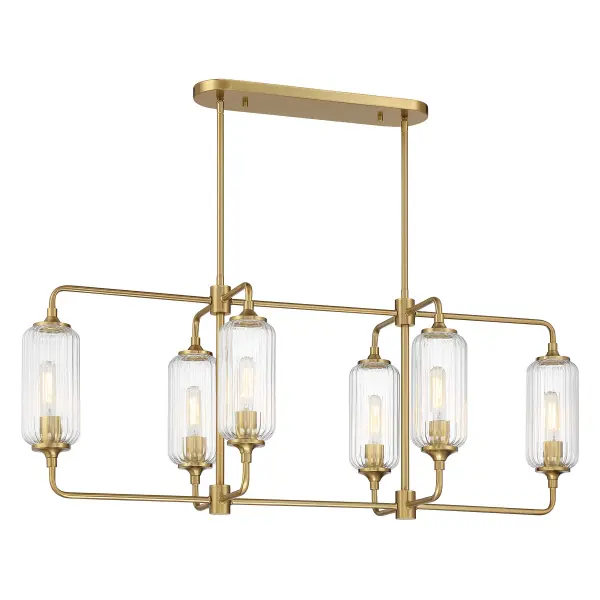 The Holton brings contemporary sophistication with its geometric design, clear ribbed glass shades, and warm brass finish. Perfect for dining rooms and kitchen islands, this 42-inch linear chandelier offers excellent adjustability and versatile style that bridges modern and transitional aesthetics.