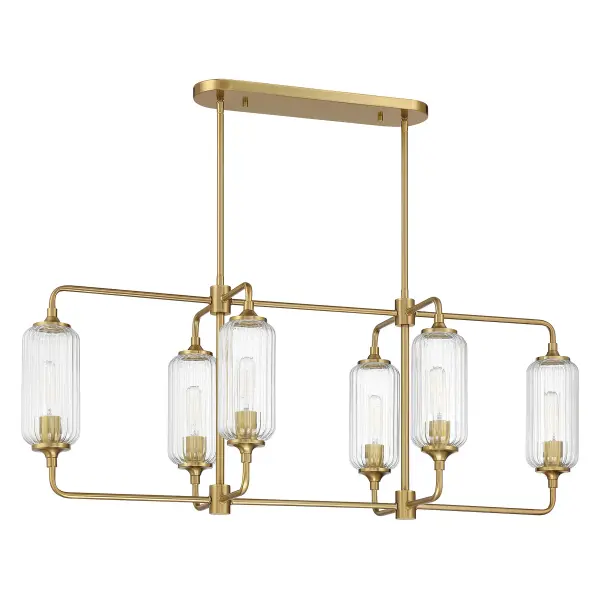 The Holton brings contemporary sophistication with its geometric design, clear ribbed glass shades, and warm brass finish. Perfect for dining rooms and kitchen islands, this 42-inch linear chandelier offers excellent adjustability and versatile style that bridges modern and transitional aesthetics. - alternate view