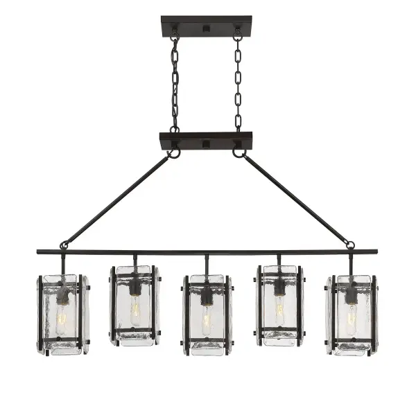 The Glenwood combines industrial-inspired metal grid frames with artisan Piastra glass for a sophisticated linear chandelier. Five rectangular lanterns hang at staggered heights along a 45-inch bar, creating visual interest and balanced illumination.
