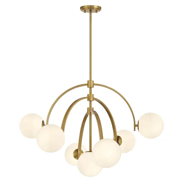 The Marias chandelier stands out with its unique adjustable arching arms that let you customize the look. Art Deco-inspired design meets modern versatility with warm brass finish and distinctive strie glass orbs.
