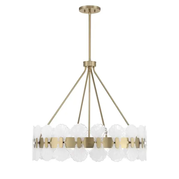 The Bancroft chandelier transforms coastal design with luxurious Noble Brass and mesmerizing strie glass shell accents. Its generous 30-inch width makes a statement without overwhelming, while the warm brass finish adds timeless elegance.