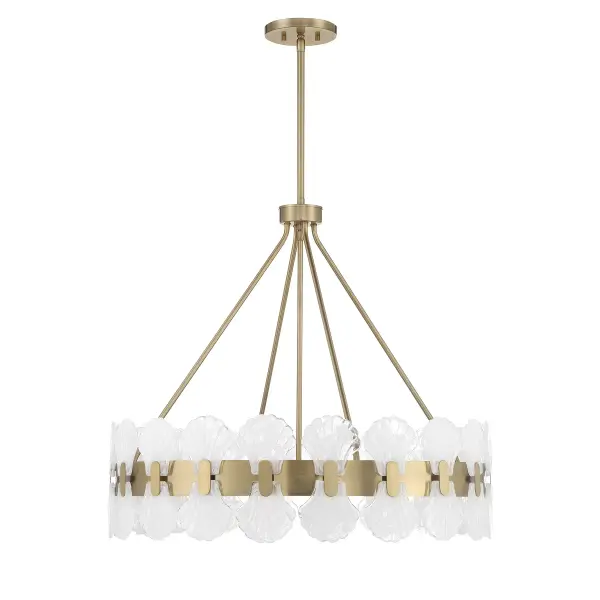 The Bancroft chandelier transforms coastal design with luxurious Noble Brass and mesmerizing strie glass shell accents. Its generous 30-inch width makes a statement without overwhelming, while the warm brass finish adds timeless elegance. - alternate view