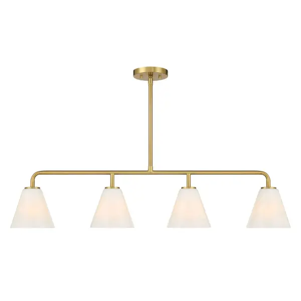 The Blair linear chandelier combines transitional elegance with practical versatility. Its warm brass finish and distinctive strie glass shades create visual interest while the 40-inch length makes it ideal for kitchen islands and dining tables.