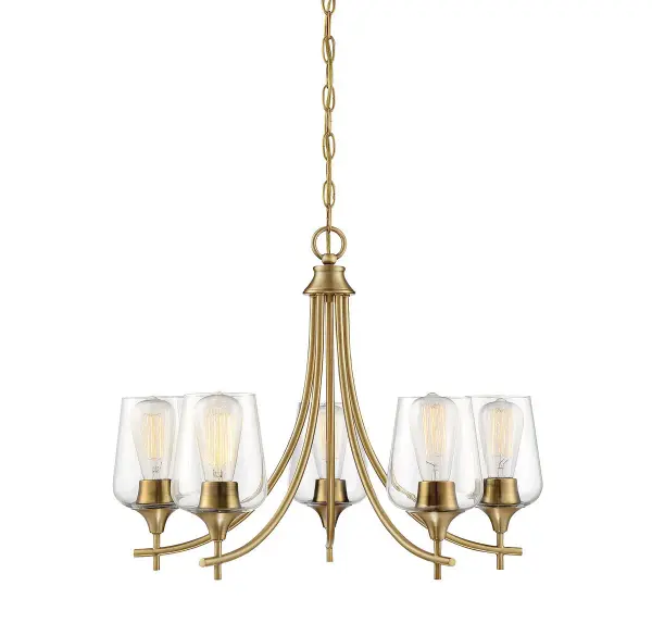The Octave chandelier combines understated elegance with versatility. Its curved clear glass shades and warm brass finish create a sophisticated look that works beautifully in both traditional and contemporary spaces.