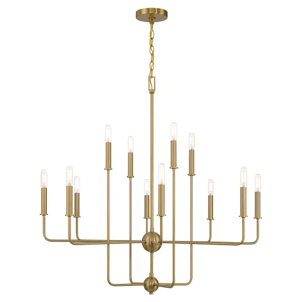The Avondale chandelier delivers elegant simplicity with its clean geometric design and warm brass finish. At 34 inches wide, it makes a substantial statement while maintaining visual lightness through its open framework.