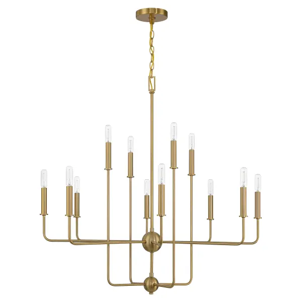 The Avondale chandelier delivers elegant simplicity with its clean geometric design and warm brass finish. At 34 inches wide, it makes a substantial statement while maintaining visual lightness through its open framework. - alternate view