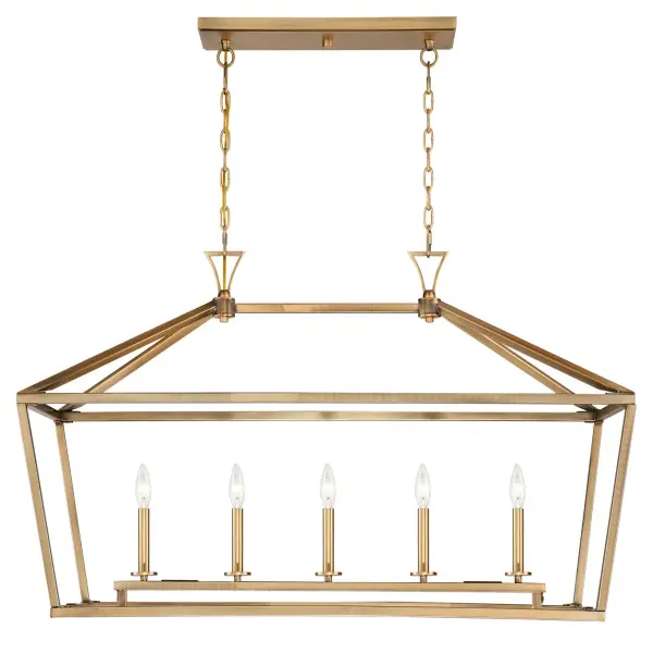 The Townsend delivers casual elegance with its open lantern design and warm brass finish. Perfect for dining rooms and kitchen islands, this 5-light linear chandelier adds a bold statement while maintaining versatility across transitional, farmhouse, and classic interiors.