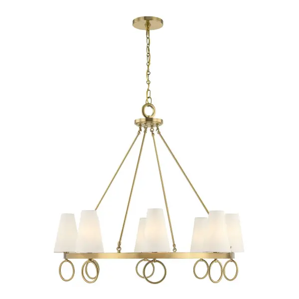 Designer Dann Foley's Wilkes chandelier masterfully balances bold geometry with refined details. The open wagon wheel frame in Warm Brass creates striking visual interest while white fabric shades soften the look, making it versatile enough for both traditional and contemporary spaces.