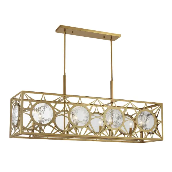 The Balfour brings sophisticated glamour to any space with its distinctive starburst pattern and clear water glass panels. The warm brass finish adds timeless elegance while the 44-inch linear design makes it perfect for dining tables and kitchen islands.