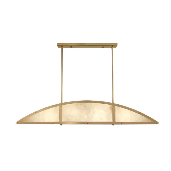 A stunning 46-inch linear chandelier featuring natural alabaster stone panels with warm brass finish. Designed by award-winning designer Breegan Jane, this piece brings ethereal warmth and sophisticated texture to kitchens and dining spaces.