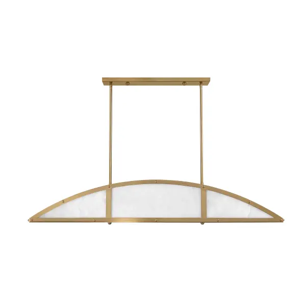 A stunning 46-inch linear chandelier featuring natural alabaster stone panels with warm brass finish. Designed by award-winning designer Breegan Jane, this piece brings ethereal warmth and sophisticated texture to kitchens and dining spaces. - alternate view