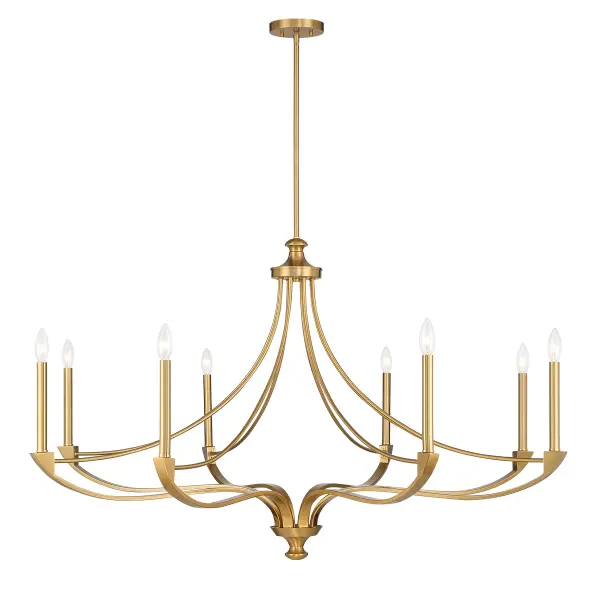 The Preserve chandelier delivers impressive scale and refined style with its 50-inch width and gracefully curving eight-light design. The warm brass finish adds timeless elegance while the adjustable height accommodates various ceiling configurations.