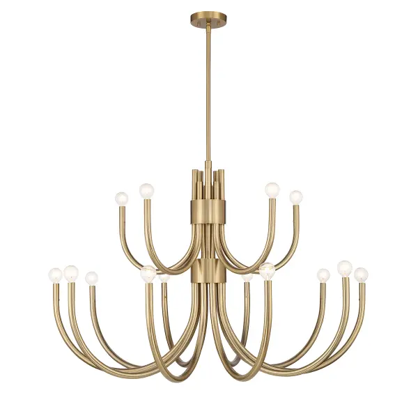 The Sorrento makes a dramatic impact with 15 exposed bulbs arranged on curved tubular arms across two tiers. Its substantial 42-inch width and Noble Brass finish create a sophisticated focal point perfect for grand spaces.