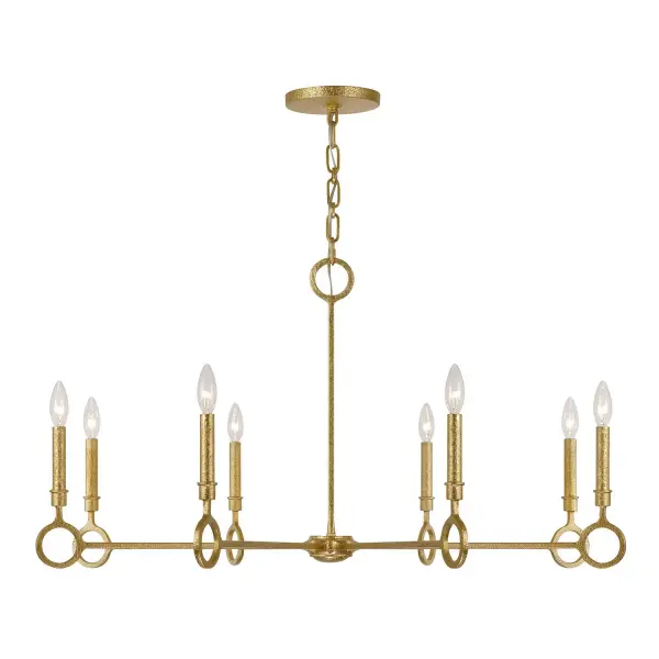 Breegan Jane's Noah chandelier brings architectural drama with Spanish-inspired circular accents and a richly textured Gold Armory finish. At 40 inches wide, it commands attention in grand spaces while maintaining elegant restraint.