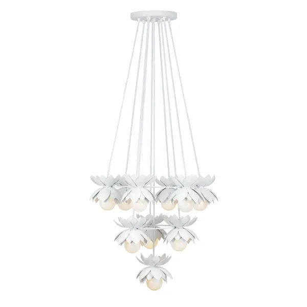 A stunning statement piece featuring cascading metal flowers across three tiers in a sophisticated White Cashmere finish. This designer chandelier brings bold drama while maintaining an understated elegance perfect for contemporary spaces.