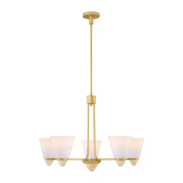 The Kohlman chandelier beautifully blends organic materials with refined metalwork. White opal glass shades and travertine stone accents create visual warmth, while the Warm Brass finish adds timeless elegance.