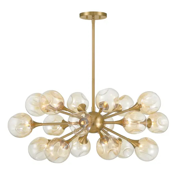 The Matisse chandelier delivers bold mid-century modern drama with its 18-light Sputnik design. Dimpled gold plated glass shades create spectacular light play, while the warm brass finish adds luxe appeal for large spaces.