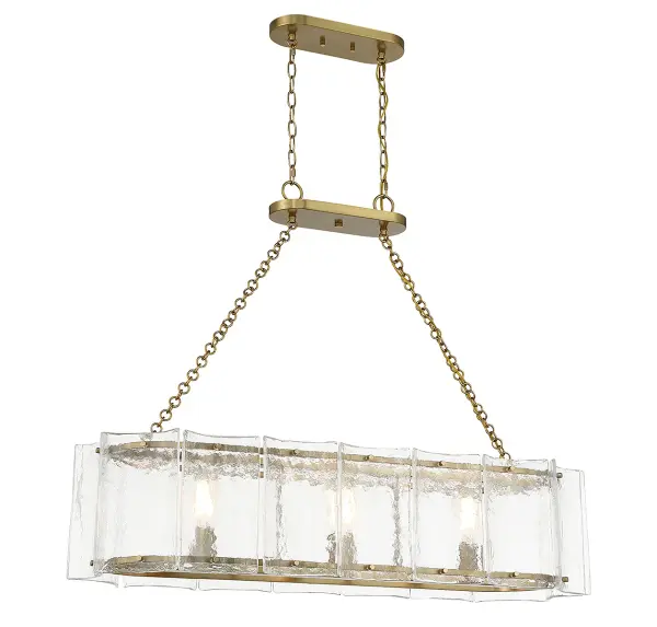 The Genry brings coastal elegance with its distinctive handmade water glass panels and warm brass finish. At 41 inches long, it's perfectly sized for kitchen islands and dining tables, creating beautiful light refraction through rippling glass.