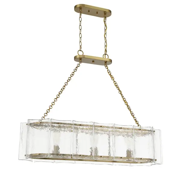 The Genry brings coastal elegance with its distinctive handmade water glass panels and warm brass finish. At 41 inches long, it's perfectly sized for kitchen islands and dining tables, creating beautiful light refraction through rippling glass. - alternate view