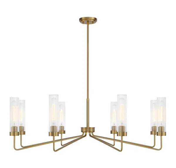 The Baker chandelier delivers dramatic scale and modern sophistication with its 44-inch span and radiating arms. Clear ribbed glass shades add texture while warm brass finish brings inviting warmth to large spaces.
