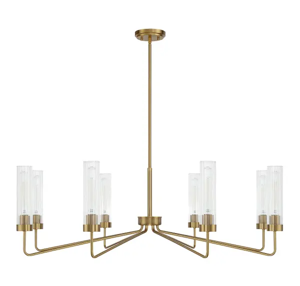 The Baker chandelier delivers dramatic scale and modern sophistication with its 44-inch span and radiating arms. Clear ribbed glass shades add texture while warm brass finish brings inviting warmth to large spaces. - alternate view