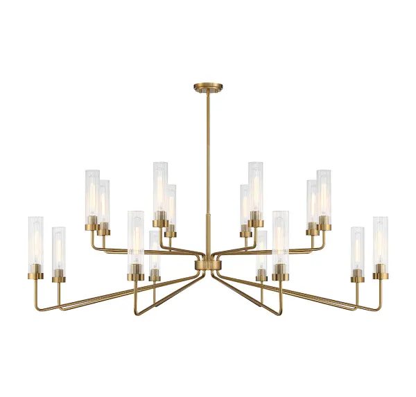 The Baker chandelier makes a bold statement with its 61-inch span and two-tier design. Sixteen clear ribbed glass shades create abundant light while the warm brass finish adds sophisticated warmth to large spaces.