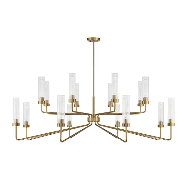 The Baker chandelier makes a bold statement with its 61-inch span and two-tier design. Sixteen clear ribbed glass shades create abundant light while the warm brass finish adds sophisticated warmth to large spaces. - alternate view