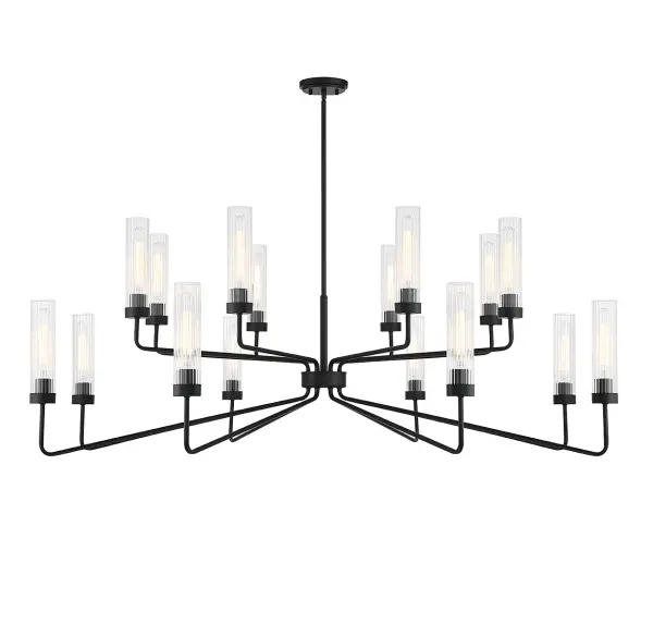 The Baker 16-light chandelier makes a bold statement in large spaces with its expansive 61-inch span and two-tier design. Clear ribbed glass shades and matte black finish create striking visual impact while providing ample illumination.