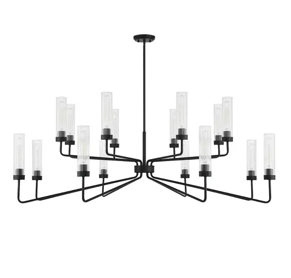 The Baker 16-light chandelier makes a bold statement in large spaces with its expansive 61-inch span and two-tier design. Clear ribbed glass shades and matte black finish create striking visual impact while providing ample illumination. - alternate view