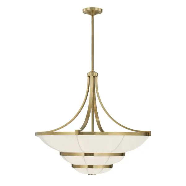 The Constantine chandelier combines warm brass metalwork with a sophisticated three-tiered white fabric shade that diffuses light beautifully. Its 28-inch width makes it versatile for medium-sized spaces, while the transitional design bridges traditional and contemporary aesthetics.