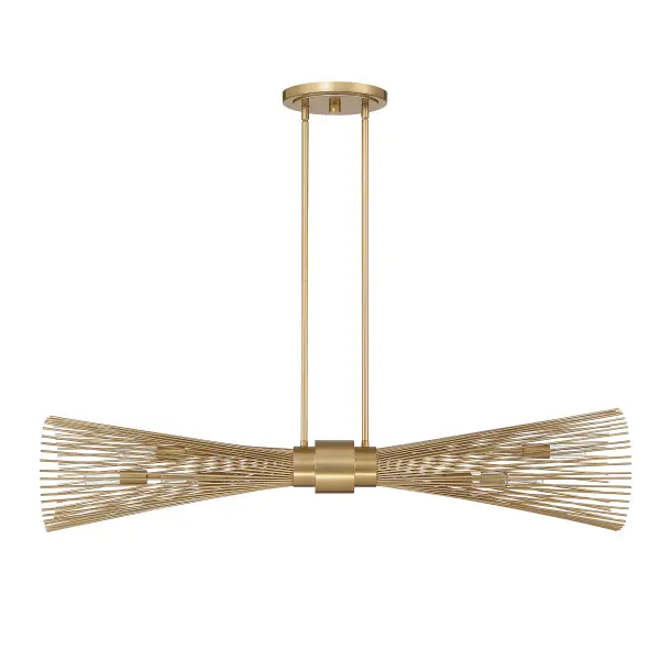 The Longfellow chandelier features a striking starburst design with metal rods radiating from a central point, creating dramatic visual interest. The burnished brass finish adds warmth while maintaining a contemporary edge. - alternate view