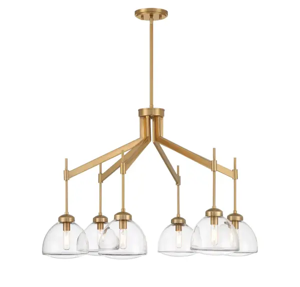 The Corbin chandelier delivers modern sophistication with its curved clear glass shades and warm brass finish. At 31.5" wide, it's perfectly sized for dining rooms and kitchen islands, offering adjustable height and dimmable functionality.