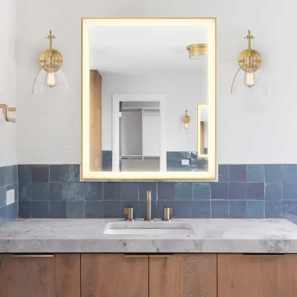 Paulding LED Rectangle Frontlit Mirror with Gold Frame - Image 5
