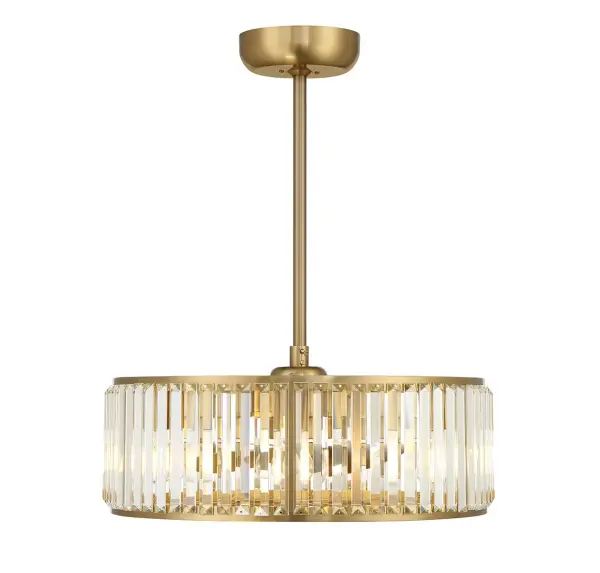 The Janus Fan D'Lier merges chandelier elegance with ceiling fan functionality. Faceted clear crystals sparkle against warm brass, while the efficient DC motor delivers powerful airflow with minimal energy use.