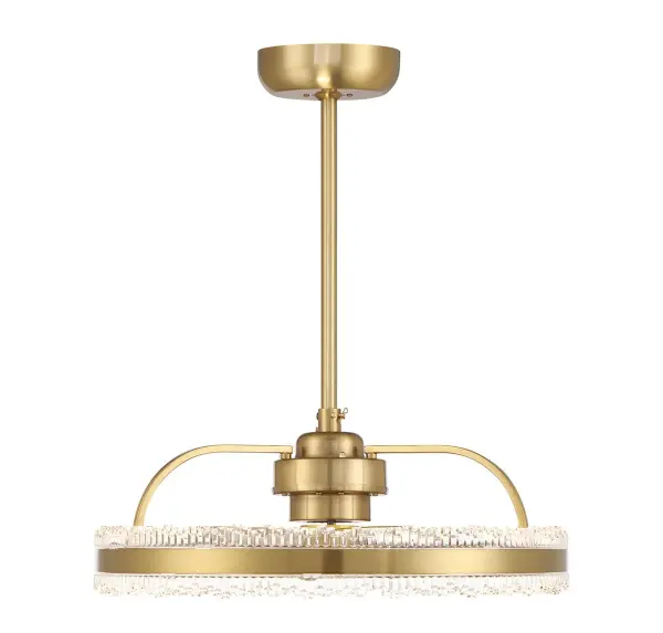 The Corona Fan D'Lier delivers a unique fusion of sparkling chandelier aesthetics and practical ceiling fan functionality. Faceted clear acrylic jewels catch and reflect the integrated LED light, creating a luxurious focal point.