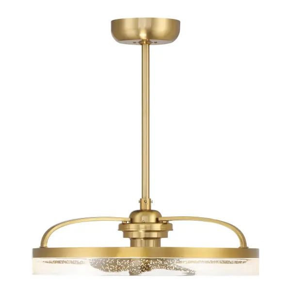 The Lyria Fan D'Lier combines modern aesthetics with practical functionality in a compact 24-inch design. Its warm brass finish and illuminated acrylic halo create sophisticated ambiance while the DC motor delivers efficient airflow.
