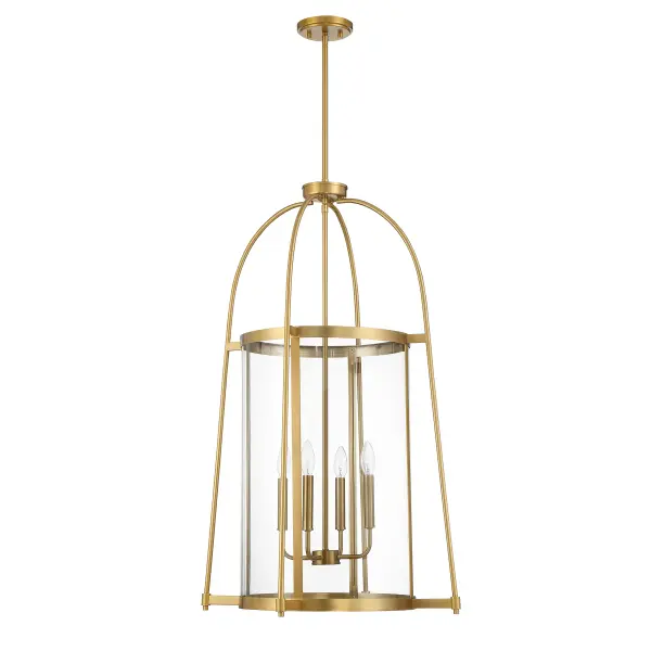 The Rosedale pendant combines geometric design with transitional appeal. Its warm brass finish and clear glass shade create a sophisticated focal point, while adjustable height makes it versatile for various ceiling heights. - alternate view