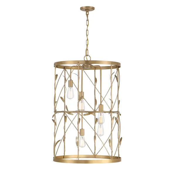The Lexington pendant brings botanical elegance to large-scale interiors with its trellis-like vine motif and burnished brass finish. At 26 inches wide and 37 inches tall, it commands attention in foyers and dining rooms while maintaining an organic, approachable aesthetic.