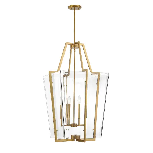 The Farell pendant combines striking geometric design with clear beveled glass for a sophisticated look that works across multiple spaces. Its warm brass finish and adjustable height make it adaptable to various ceiling heights and room styles.