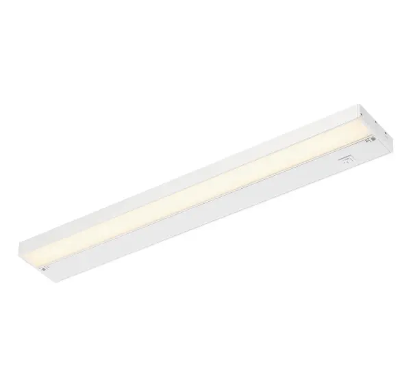This 24-inch under cabinet LED fixture delivers bright, energy-efficient task lighting with excellent color rendering. The slim profile and white finish blend seamlessly with cabinetry while providing 748 lumens of warm 3000K light.