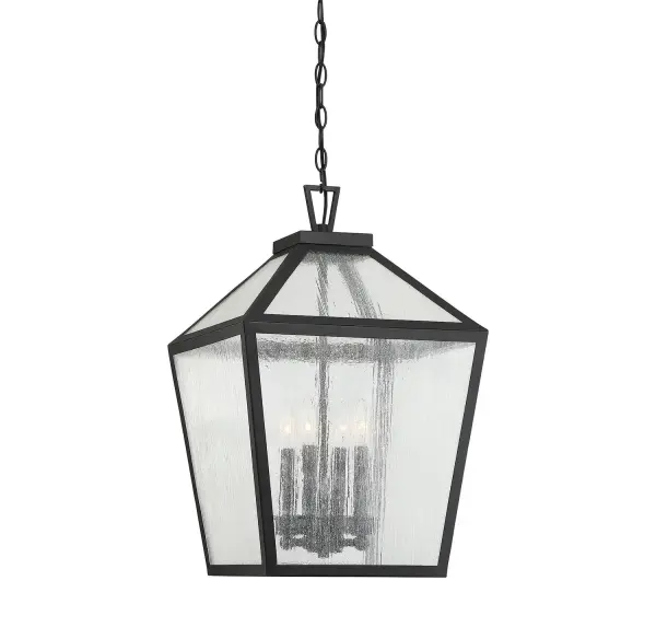This versatile outdoor hanging lantern bridges traditional and contemporary design with its clean-lined silhouette and vintage-inspired seeded glass. The substantial 15-inch width and damp rating make it ideal for covered outdoor spaces.