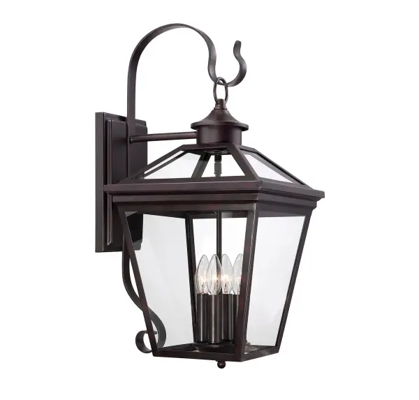 The Ellijay outdoor wall lantern delivers timeless curb appeal with its vintage gas lantern silhouette, English bronze finish, and generous 25.5-inch height. Four-sided clear glass panels maximize light output while the wet-rated construction ensures reliable performance in any weather.