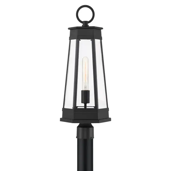 The Payne post lantern combines classic lantern styling with modern geometric detailing and clear beveled glass. Its versatile Matte Black finish and wet rating make it ideal for any outdoor entrance or pathway.