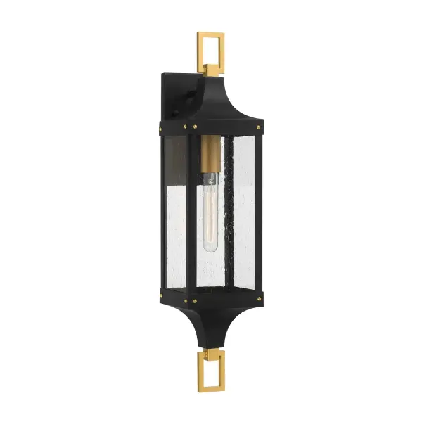 The Glendale outdoor wall lantern combines industrial-inspired buckle and screw detailing with a sophisticated two-tone finish. Clear seeded glass adds texture while the wet-rated construction ensures durability in any weather.